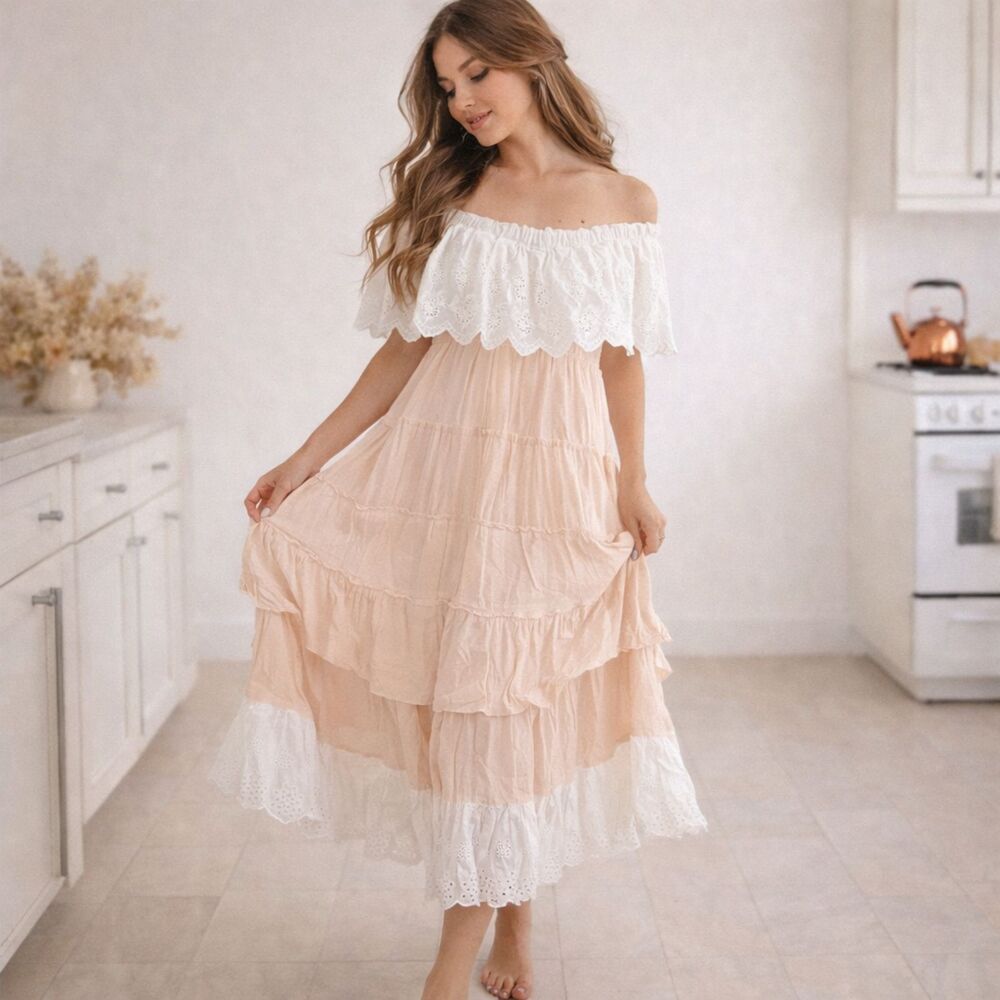 Off the Shoulder Eyelet Lace Tiered Peach & White Dress, M, Whimsical, Cottage